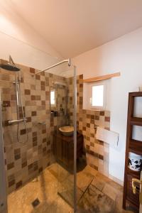 a bathroom with a shower with a toilet and a sink at Maison L'oustalette De Mau-bé in Maubec