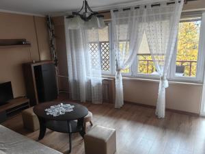 a living room with a table and two windows at Zielony Balkon in Sanok +1 photo