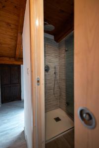 eine Dusche in einem Raum mit Glastür in der Unterkunft Zia Lina in Crevari