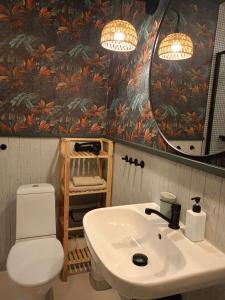 ein Badezimmer mit Waschbecken, Toilette und Spiegel in der Unterkunft Cosy apartment in the heart of Riga in Riga + 16 Fotos
