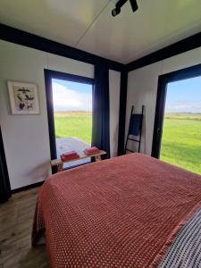 De VeenhoopTiny house Polderzicht的一间卧室设有一张床和两个大窗户