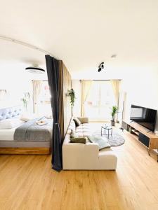 a bedroom with a bed and a couch and a tv at Wellness City Apartment, Infrarotkabine, Top Lage in Bensheim