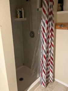 a shower with a red and white striped shower curtain at Hilltop Orchard Guest Suite with Scenic View in Yakima +7 photos