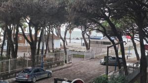 two cars parked next to a beach with trees at Golem Green Retreat in Golem