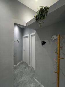 a hallway with white walls and a plant on the wall at Suite excelsior garden living in Parma