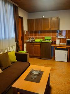 a living room with a couch and a table at Cozy Cabin in Sekulić 