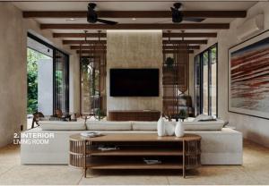 a living room with a couch and a tv at Casa Nunc - New Home - 3 Minute Walk to the Beach in Nosara