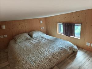 a bedroom with a bed and a window at Tiny house chaleureuse en Matheysine in Saint-Jean-de-Vaux