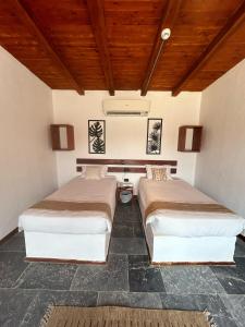 Dos camas en una habitación con techos de madera. en Matarma Bay Hotel, en Ras Sedr