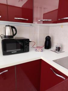 イグレージアスにあるCavallotti64の赤いキャビネット付きのキッチンカウンターの上の電子レンジ