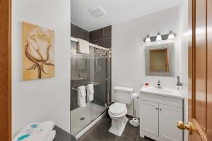a bathroom with a toilet and a shower and a sink at Camano Island Inn in Camano +52 photos