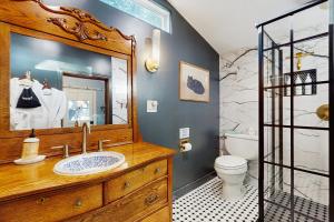 a bathroom with a sink and a toilet and a mirror at Blue Haus in Johnson City +12 photos