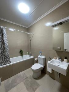 a bathroom with a toilet and a sink and a tub at The Oryx Luxury Apartment in Windhoek +14 photos