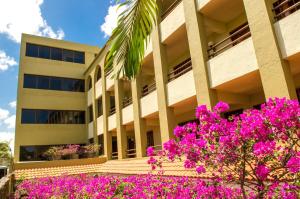 科苏梅尔Hotel Casa Colonial Cozumel的一栋前面有粉色花朵的建筑