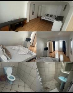 a collage of three pictures of a room at Casa Matei Costinești in Costinesti