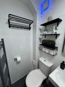 a white bathroom with a toilet and a sink at Modern Studio Apartment Shoreditch in London
