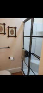 a bathroom with a toilet and a glass window at Langdon Hill House Langdon Room in Gettysburg