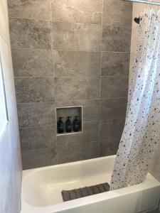 a bathroom with a bath tub with a shower at Peace Haven Stay in Newark