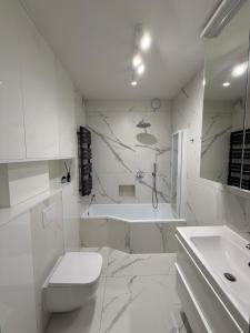 a white bathroom with a toilet and a sink at Miedziane ZALESIE - Noclegi Lubin in Lubin