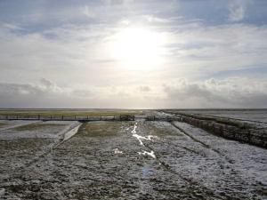 GalmsbüllにあるFerienwohnungen Deichtraumの水上に太陽が輝く海岸