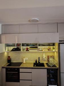 a kitchen with white cabinets and a black sink at Lux Star Belgrade in Belgrade +17 photos