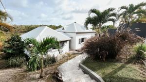 a white house with palm trees in front of it at Villa zen in Saint-François