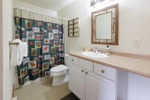 a bathroom with a toilet and a sink and a mirror at The Loose Moose Lodge #1 At Downtown Grand Lake in Grand Lake +24 photos