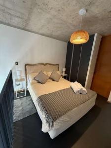 ein Schlafzimmer mit einem großen Bett und Kissen in der Unterkunft HOM I Loft en mejor zona de Valparaiso 2PAX in Valparaíso