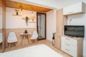 a room with a television and a table and chairs at Airport Connection in Iaşi