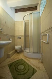 a bathroom with a shower and a toilet and a sink at Hotel Restauracja Pod Parowozem in Ostrowiec Świętokrzyski +46 photos
