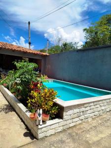 ein Swimmingpool in einem Garten mit Pflanzen und Blumen in der Unterkunft Casa refúgio da paz in Pirenópolis