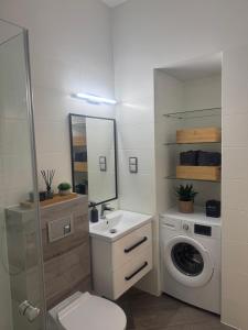 een badkamer met wastafel en wasmachine bij Apartament in Skorka