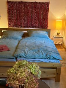 ein Bett mit blauer Decke in einem Schlafzimmer in der Unterkunft Kleines gemütliches Fachwerkhaus für vier Gäste in Reinhardtsdorf + 23 Fotos