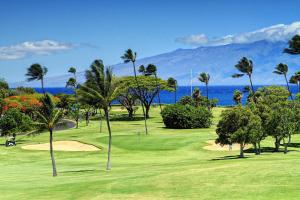 a view of a golf course with palm trees and the ocean at Maui Eldorado Resort G111 in Kaanapali