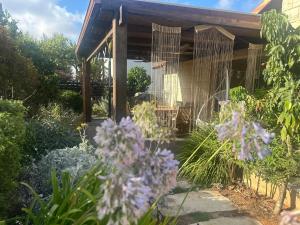 a garden with purple flowers in front of a house at In the center of the Moshava in Zikhron Ya‘aqov +11 photos