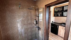 a bathroom with a shower with a glass door at Jacaranda stylish ambiance with volcano and ocean views in Tacoronte