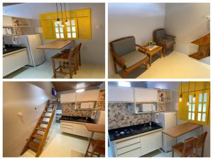 quatre vues différentes d'une cuisine et d'une pièce dans l'établissement Casa Amarela em Cacha Pregos, à Vera Cruz de Itaparica