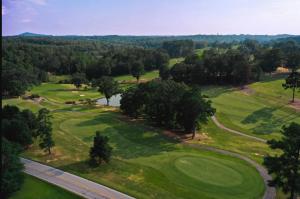 an overhead view of a golf course with trees and a road at Carolina Camp Cedar in Pickens