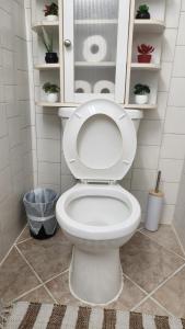 a bathroom with a toilet with a cabinet with plants at Togather Time,5 minutes to HYW 401 in Oshawa
