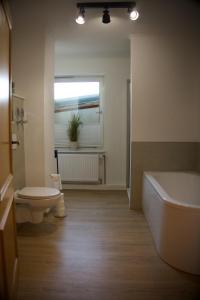 a bathroom with a toilet and a tub and a window at Ferienwohnung Peters (EG) in Hünfeld +72 photos