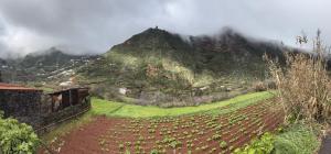 a dirt field with a mountain in the background at villa tabaiba Rustic getaway in Las Lagunetas