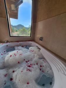 een badkuip met een raam en rode sprinkles bij Chalé Som da Sete Quedas Hidromassagem, Lareira e Vista para as Montanhas in Gonçalves