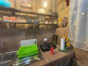 un comptoir de cuisine avec un plateau vert sur un évier dans l'établissement Cabaña Jacaranda #2, junto al río, Pérez Zeledon, à Roble