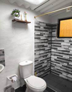 un baño con inodoro y lavabo en Glamping El Refugio, en Guatavita