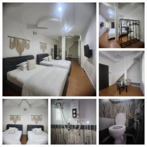 a collage of four pictures of a hotel room at Magnificent White House Semporna in Semporna +9 photos