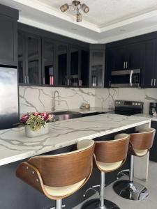 a kitchen with black cabinets and a counter with chairs at Rooftop Pool Condo in Kingston in Kingston