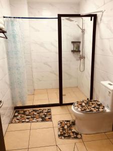 un baño con ducha y WC en Samoa FINAU 685 Accomodations, en Vaitele