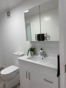 a white bathroom with a toilet and a sink at Space, Style and Serenity in Lower Hutt +17 photos