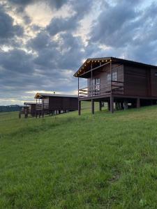 ein Gebäude auf einem Feld mit einem Grasfeld in der Unterkunft Chalé Campos Da Serra in São José dos Ausentes