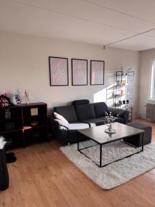 ein Wohnzimmer mit einer Couch und einem Couchtisch in der Unterkunft Lekker leilighet i Thisted in Thisted